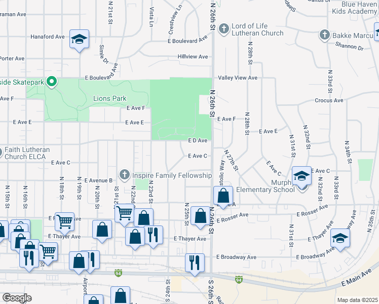map of restaurants, bars, coffee shops, grocery stores, and more near 2500 East Avenue C in Bismarck