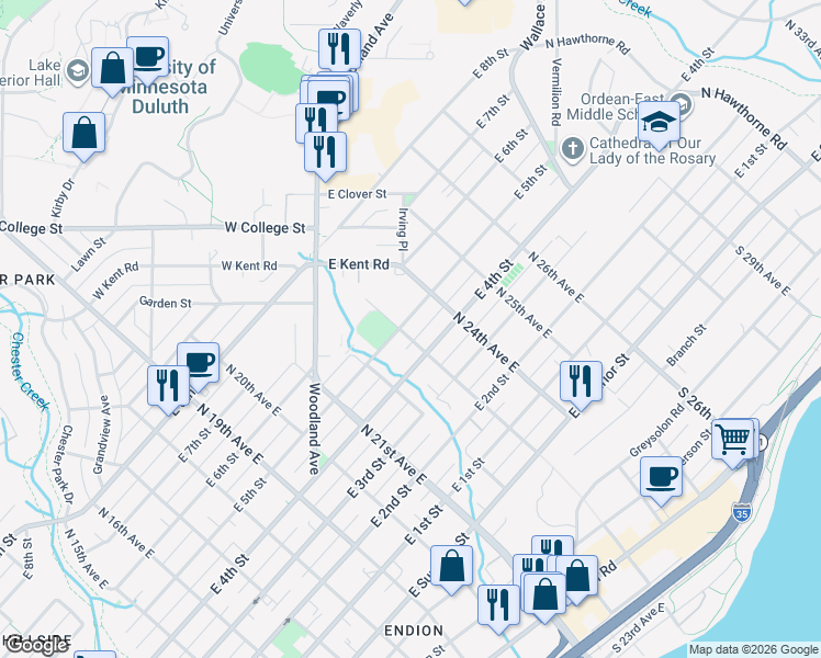 map of restaurants, bars, coffee shops, grocery stores, and more near 2302 East 5th Street in Duluth