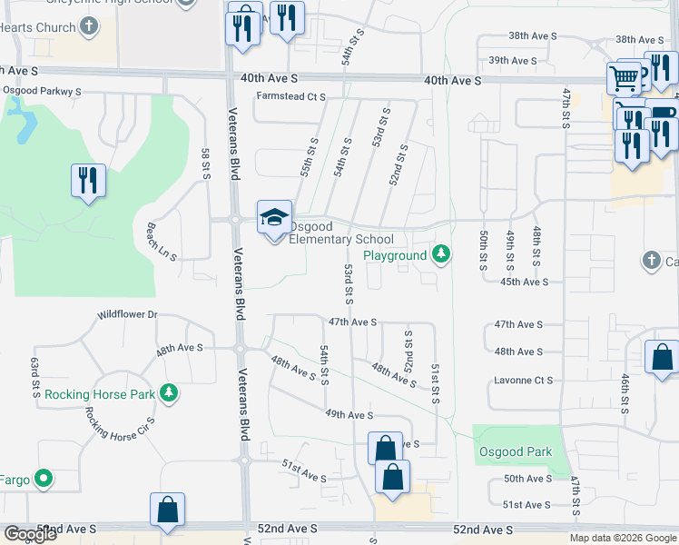 map of restaurants, bars, coffee shops, grocery stores, and more near 4475 53rd Street South in Fargo