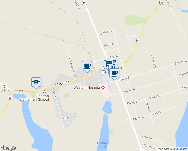 map of restaurants, bars, coffee shops, grocery stores, and more near 472 Church Street in Alberton