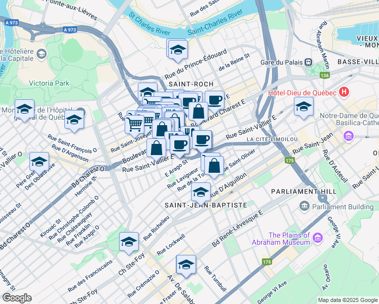 map of restaurants, bars, coffee shops, grocery stores, and more near in Quebec City