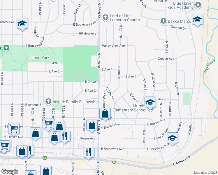 map of restaurants, bars, coffee shops, grocery stores, and more near 715 North 27th Street in Bismarck