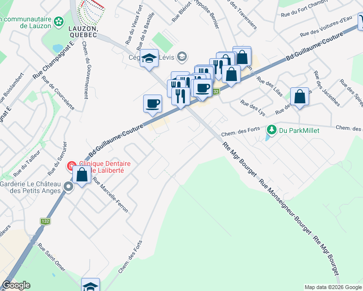 map of restaurants, bars, coffee shops, grocery stores, and more near 7145 Chemin des Forts in Lévis
