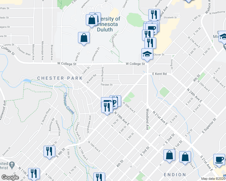 map of restaurants, bars, coffee shops, grocery stores, and more near 1927 East 9th Street in Duluth