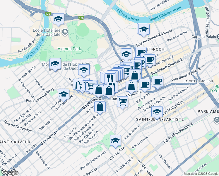 map of restaurants, bars, coffee shops, grocery stores, and more near 95 Rue Saint-Joseph Est in Québec