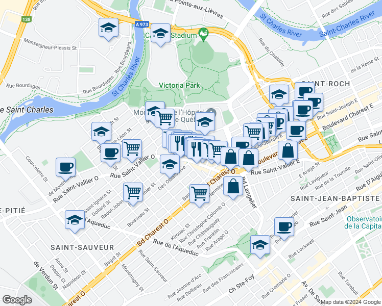 map of restaurants, bars, coffee shops, grocery stores, and more near 173 Rue D'Argenson in Québec