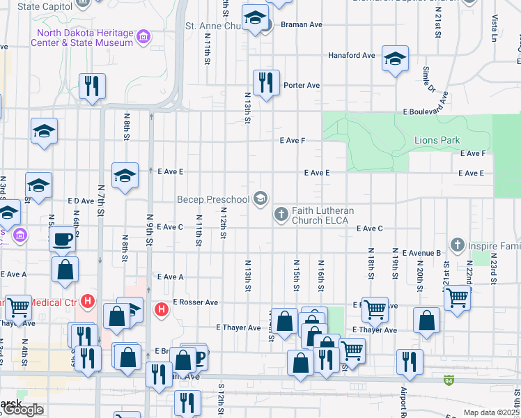 map of restaurants, bars, coffee shops, grocery stores, and more near 720 North 14th Street in Bismarck