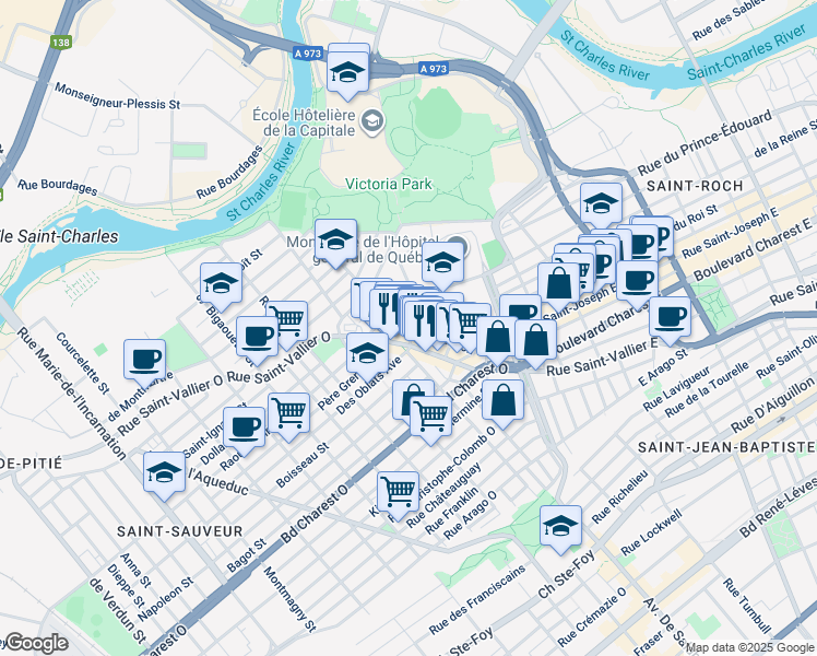 map of restaurants, bars, coffee shops, grocery stores, and more near 185 Rue d'Argenson in Québec City