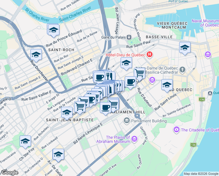 map of restaurants, bars, coffee shops, grocery stores, and more near 760 Boulevard Honoré-Mercier in Québec City