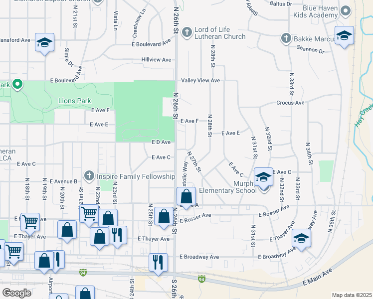 map of restaurants, bars, coffee shops, grocery stores, and more near 715 North 27th Street in Bismarck