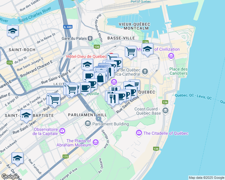 map of restaurants, bars, coffee shops, grocery stores, and more near 120 Rue Sainte-Anne in Québec