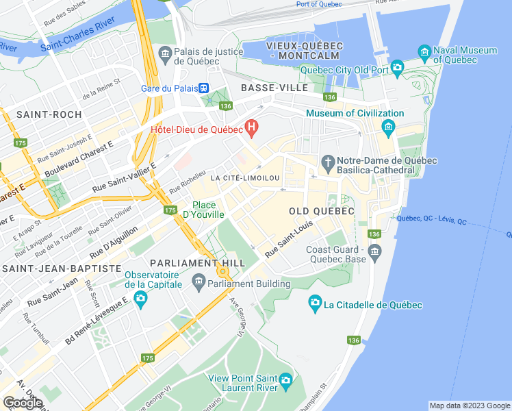 map of restaurants, bars, coffee shops, grocery stores, and more near 120 Rue Sainte-Anne in Québec