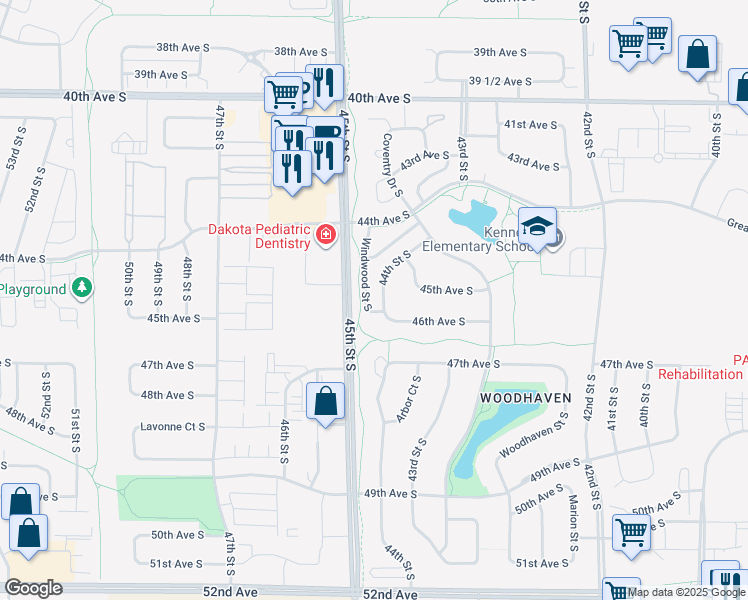 map of restaurants, bars, coffee shops, grocery stores, and more near 4485 44th Street South in Fargo
