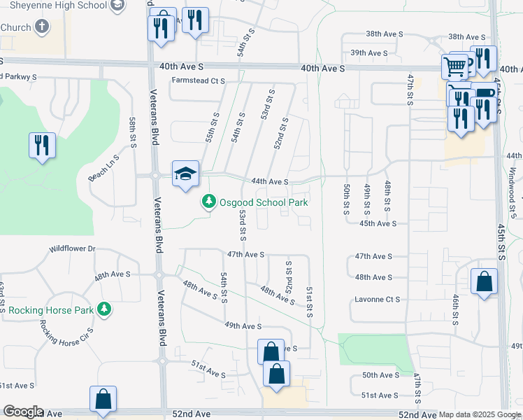 map of restaurants, bars, coffee shops, grocery stores, and more near 5200 44th Avenue South in Fargo
