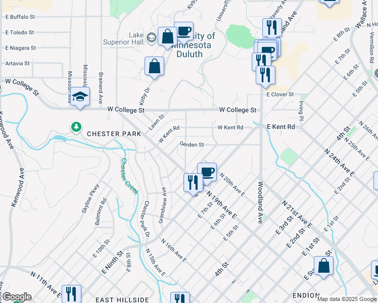 map of restaurants, bars, coffee shops, grocery stores, and more near 36 Snelling Avenue in Duluth