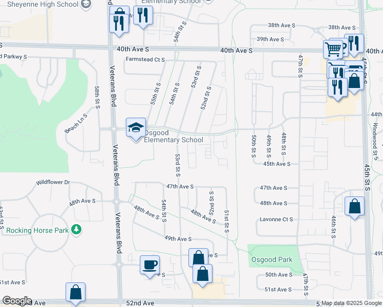 map of restaurants, bars, coffee shops, grocery stores, and more near 5200 44th Avenue South in Fargo