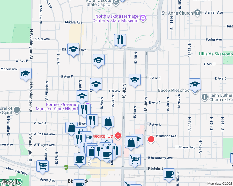 map of restaurants, bars, coffee shops, grocery stores, and more near 614 East Avenue C in Bismarck