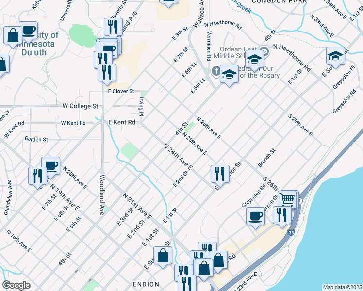map of restaurants, bars, coffee shops, grocery stores, and more near 302 North 24th Avenue East in Duluth