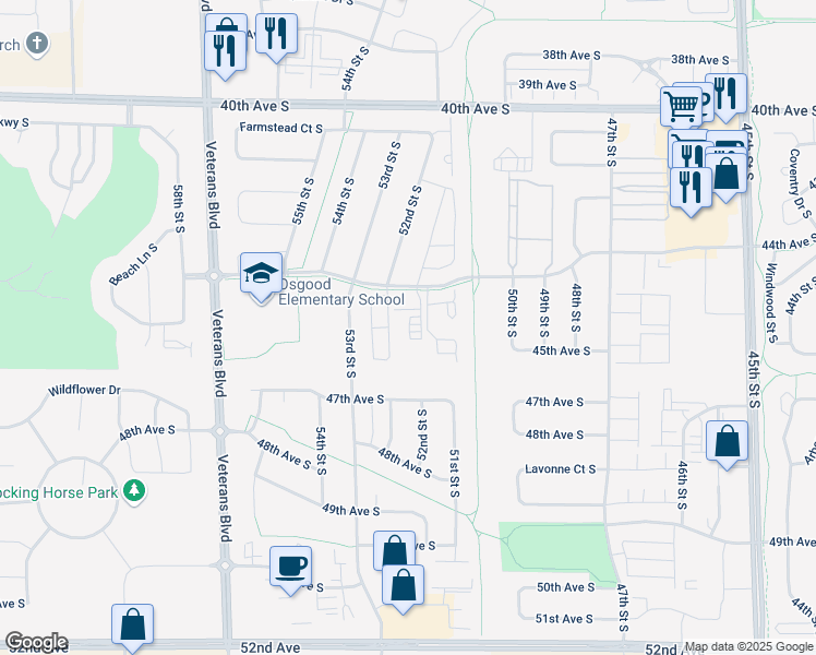 map of restaurants, bars, coffee shops, grocery stores, and more near 5160 44th Avenue South in Fargo