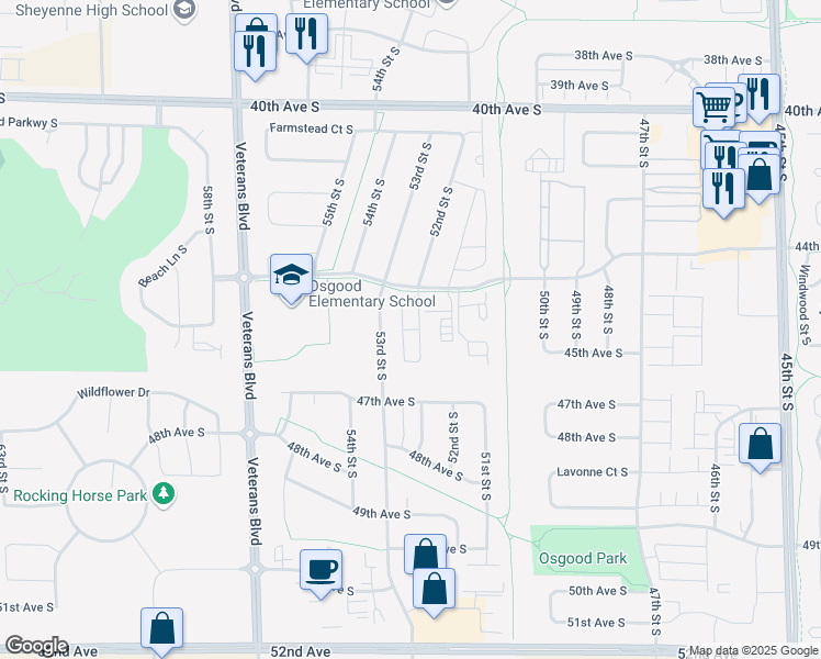 map of restaurants, bars, coffee shops, grocery stores, and more near 5210 44th Avenue South in Fargo