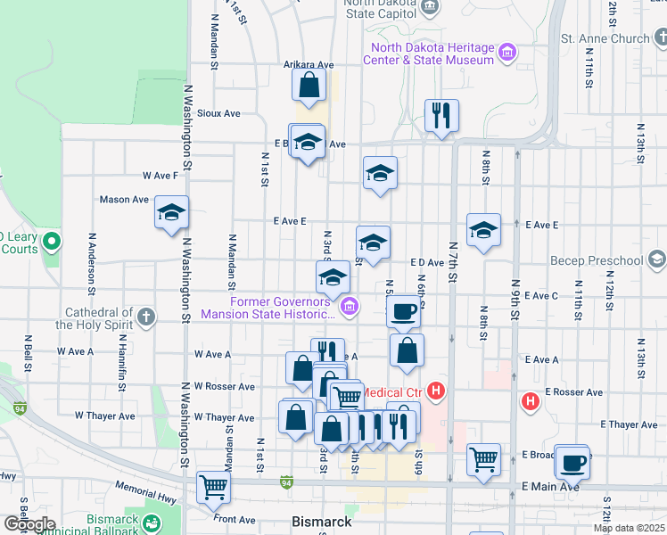 map of restaurants, bars, coffee shops, grocery stores, and more near 721 North 3rd Street in Bismarck