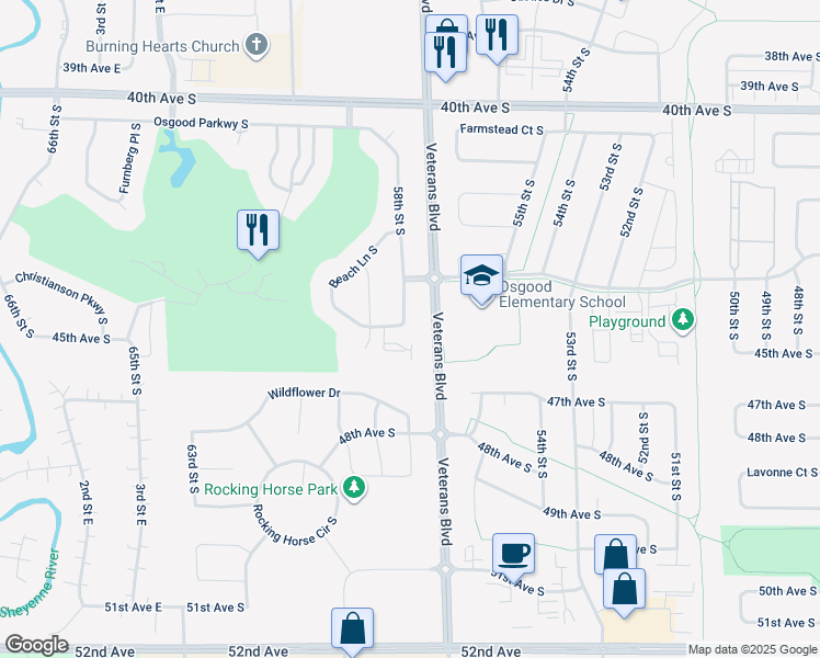 map of restaurants, bars, coffee shops, grocery stores, and more near 5694 58th Street South in Fargo