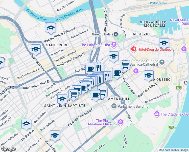 map of restaurants, bars, coffee shops, grocery stores, and more near 819 Côte d'Abraham in Québec