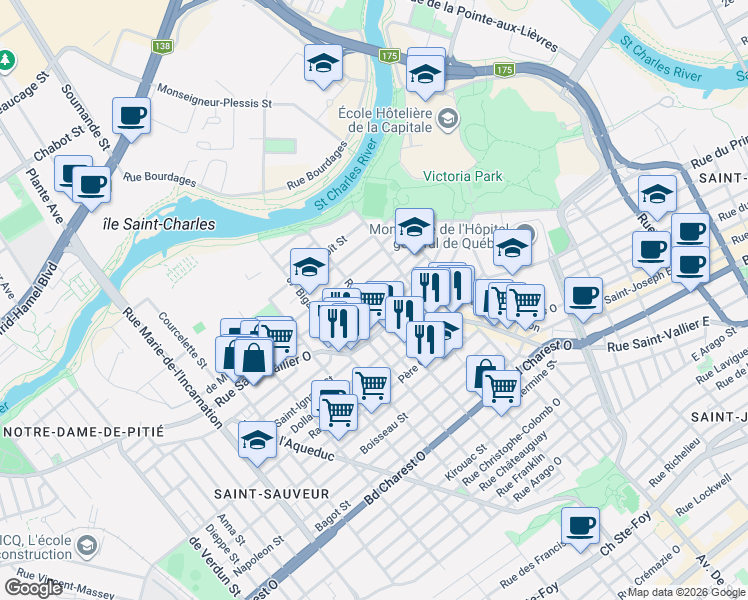 map of restaurants, bars, coffee shops, grocery stores, and more near 389 Sainte-Agnès Street in Québec City