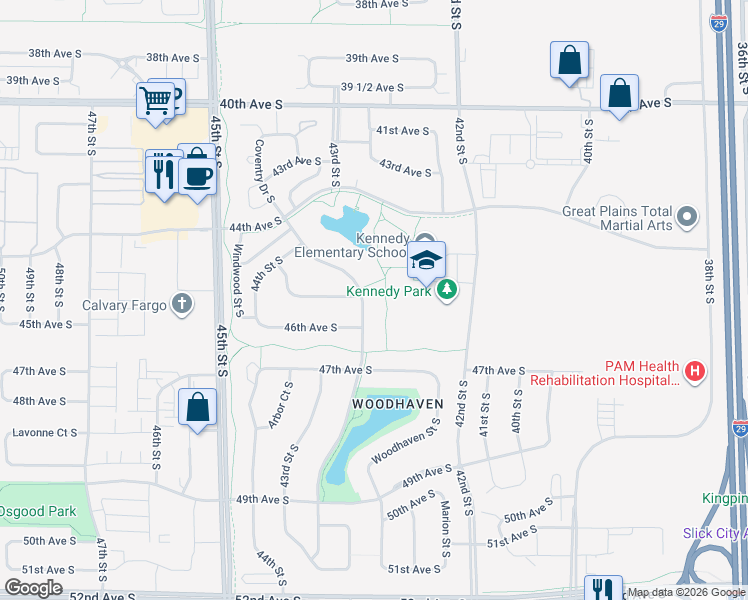 map of restaurants, bars, coffee shops, grocery stores, and more near 4590 Woodhaven Drive South in Fargo