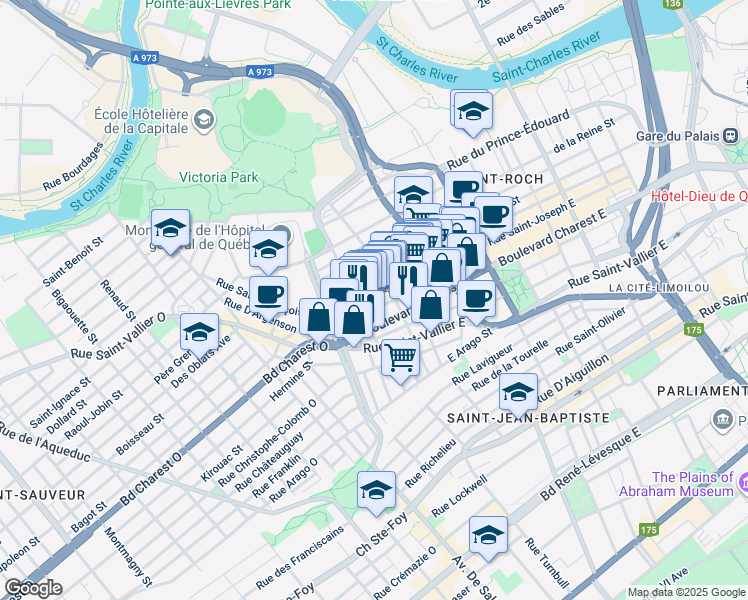 map of restaurants, bars, coffee shops, grocery stores, and more near in Québec City