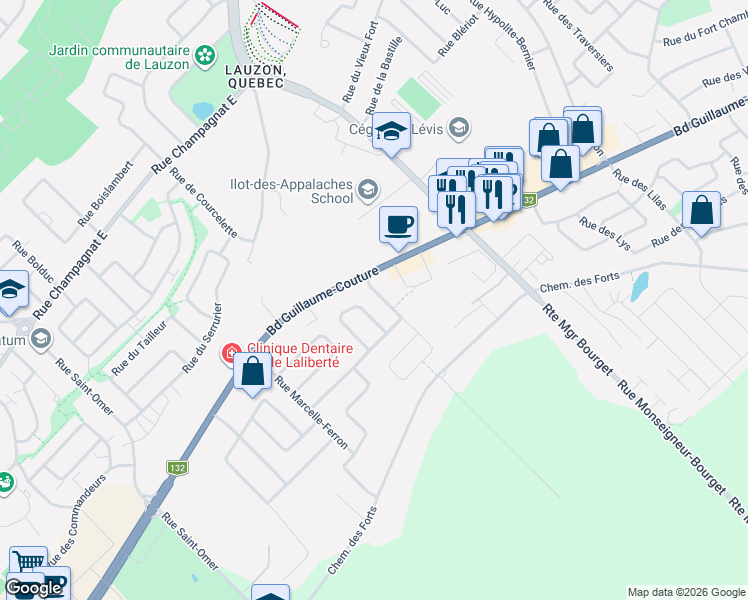 map of restaurants, bars, coffee shops, grocery stores, and more near 1049 Rue Edmond J Massicotte in Lévis