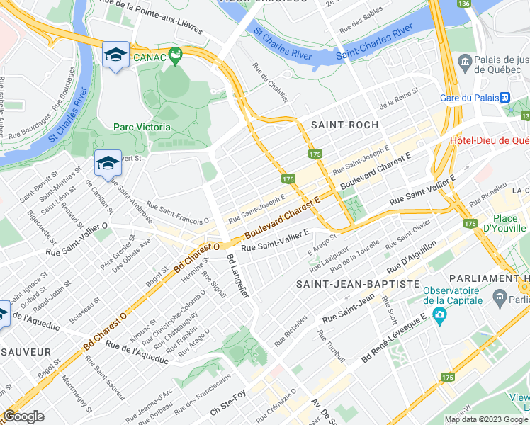 map of restaurants, bars, coffee shops, grocery stores, and more near 422 Rue Caron in Québec