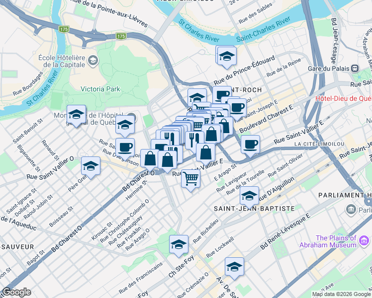 map of restaurants, bars, coffee shops, grocery stores, and more near 422 Rue Caron in Québec