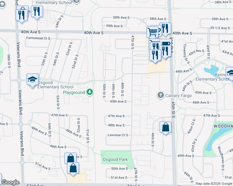 map of restaurants, bars, coffee shops, grocery stores, and more near 4495 48th Street South in Fargo