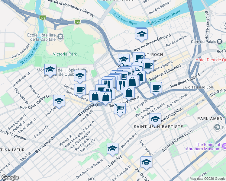 map of restaurants, bars, coffee shops, grocery stores, and more near 165 Rue Saint-Joseph Est in Québec