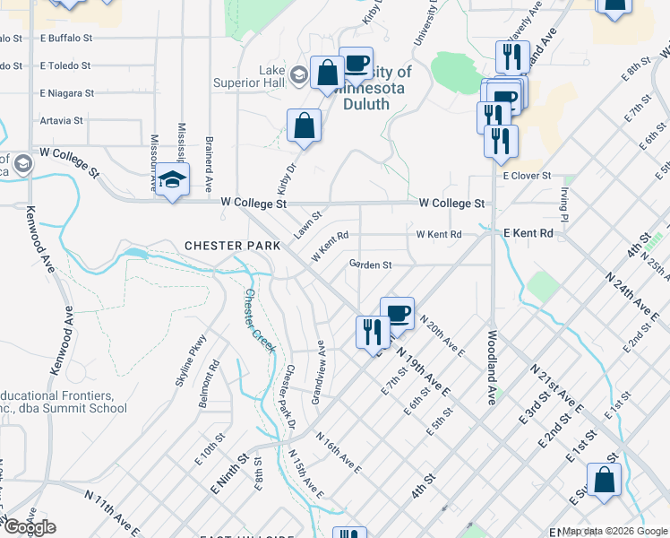 map of restaurants, bars, coffee shops, grocery stores, and more near 1913 West Kent Road in Duluth