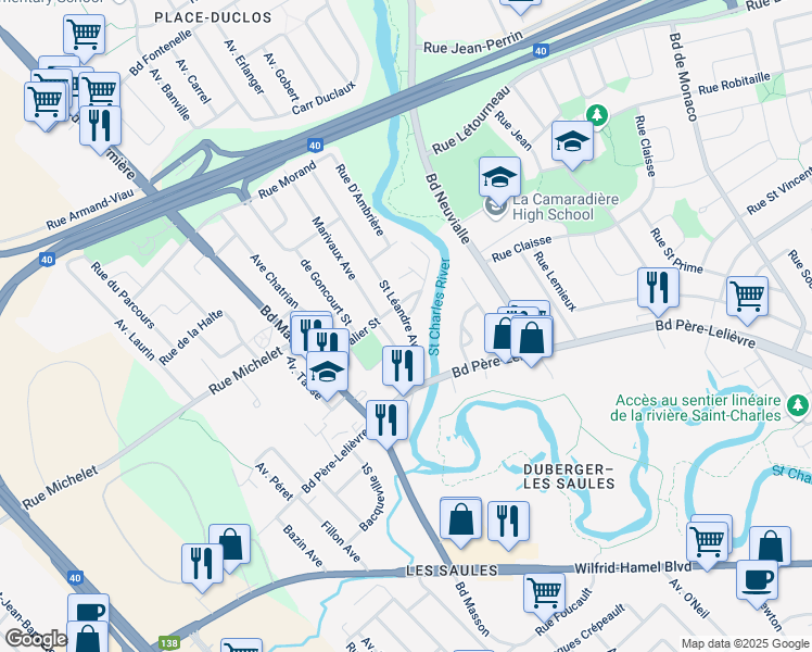 map of restaurants, bars, coffee shops, grocery stores, and more near 2995 Avenue Saint Léandre in Ville de Québec