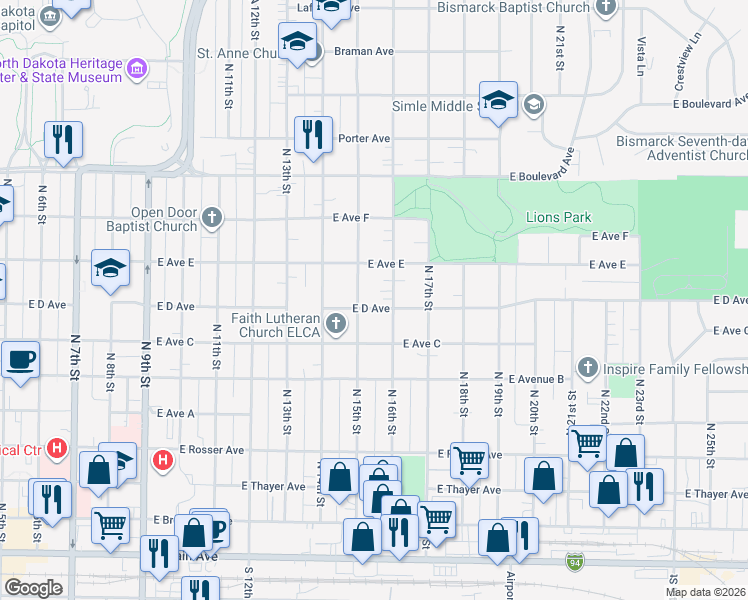 map of restaurants, bars, coffee shops, grocery stores, and more near 822 North 16th Street in Bismarck
