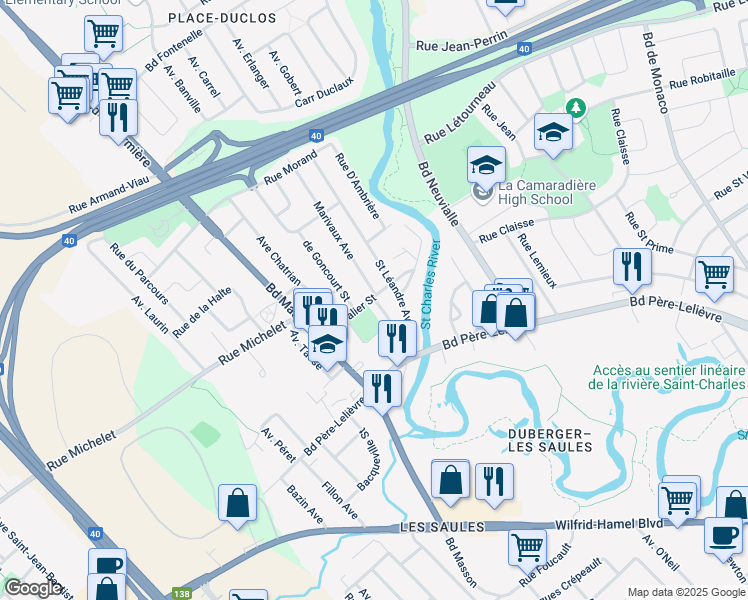 map of restaurants, bars, coffee shops, grocery stores, and more near 2999 Marivaux Avenue in Quebec