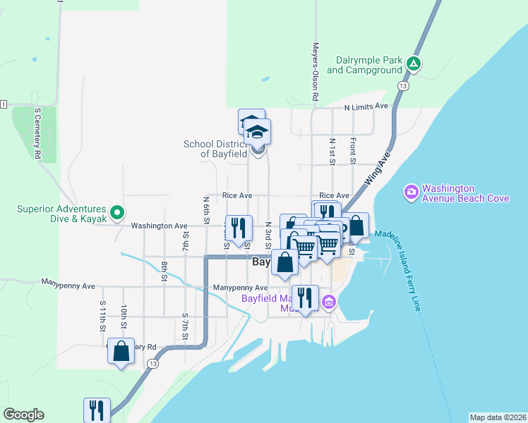 map of restaurants, bars, coffee shops, grocery stores, and more near 121 North 3rd Street in Bayfield