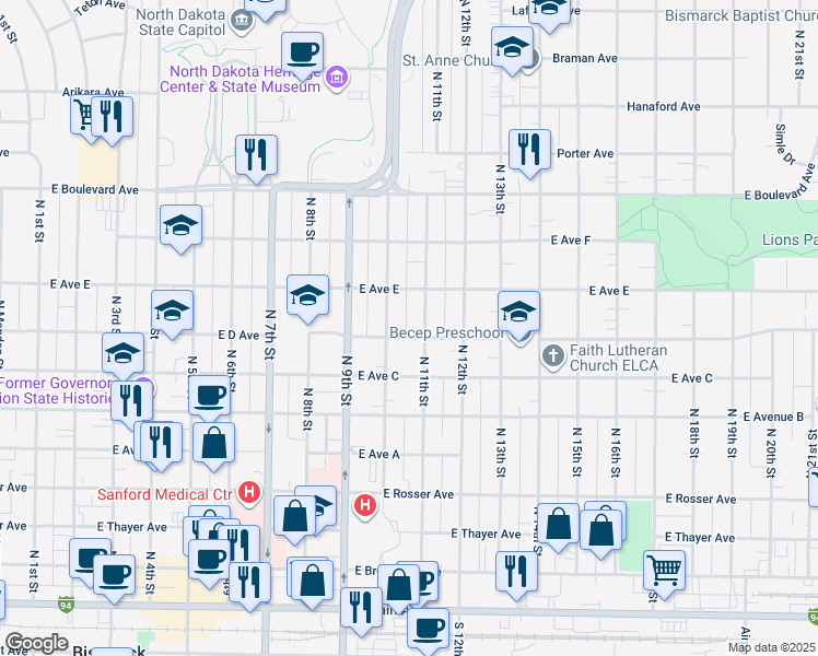 map of restaurants, bars, coffee shops, grocery stores, and more near 826 North 11th Street in Bismarck