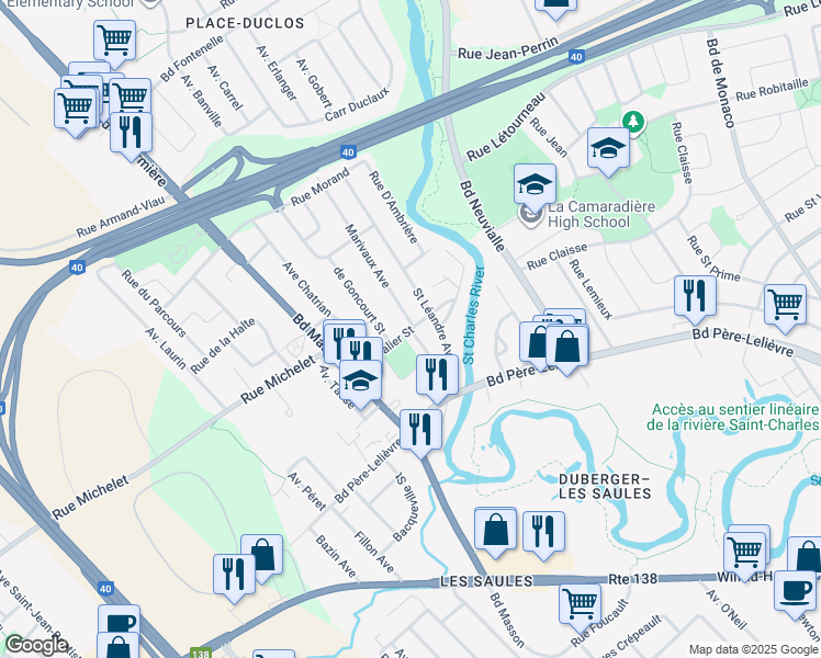 map of restaurants, bars, coffee shops, grocery stores, and more near Rue Chevalier in Ville de Québec
