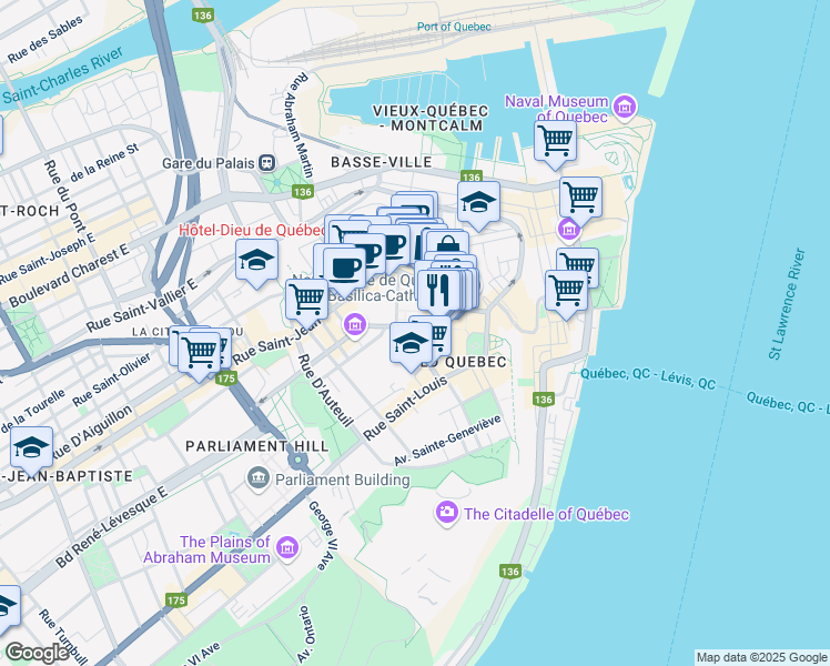 map of restaurants, bars, coffee shops, grocery stores, and more near in Québec City