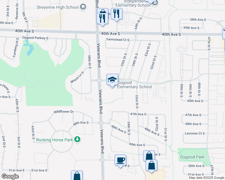 map of restaurants, bars, coffee shops, grocery stores, and more near 5550 44th Avenue South in Fargo