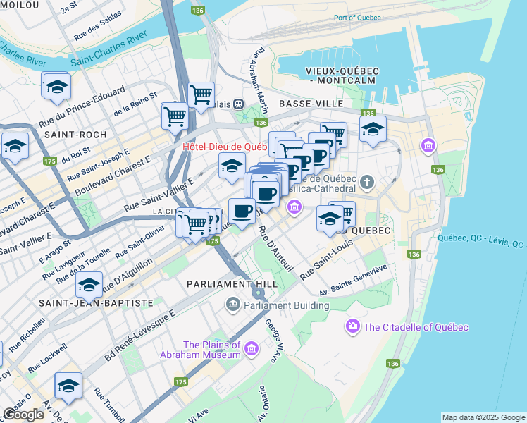 map of restaurants, bars, coffee shops, grocery stores, and more near 1023 Rue Saint-Jean in Québec