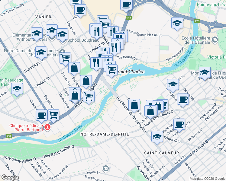 map of restaurants, bars, coffee shops, grocery stores, and more near Rue Marie de l'Incarnation in Québec