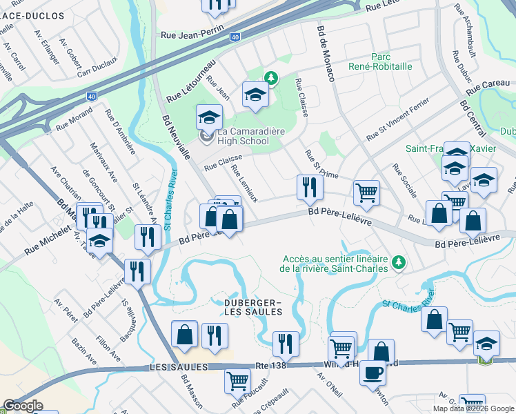 map of restaurants, bars, coffee shops, grocery stores, and more near 2963 Rue Lemieux in Québec