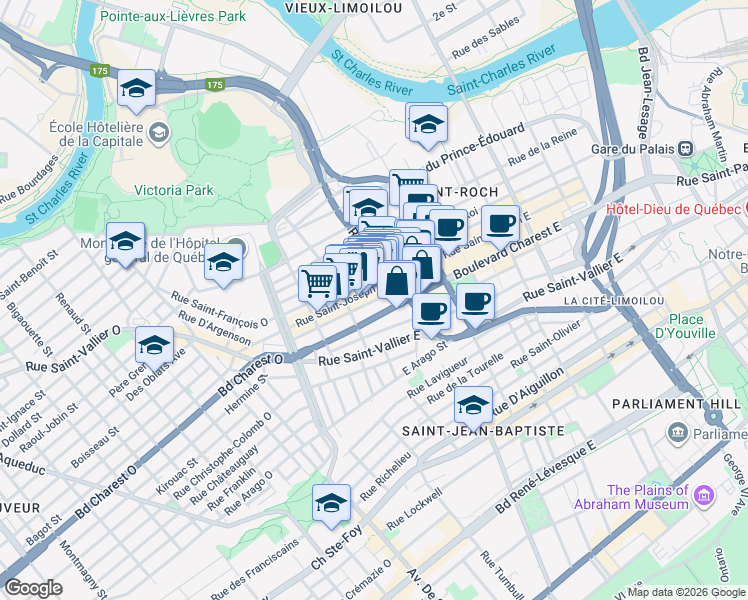 map of restaurants, bars, coffee shops, grocery stores, and more near 244 Rue Notre Dame des Anges in Ville de Québec