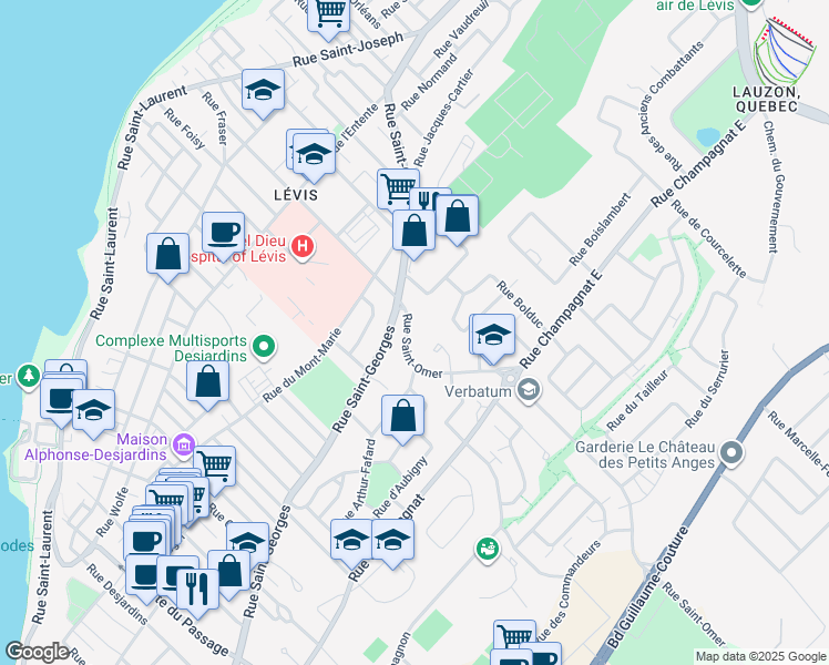 map of restaurants, bars, coffee shops, grocery stores, and more near 47 Rue Saint Omer in Levis