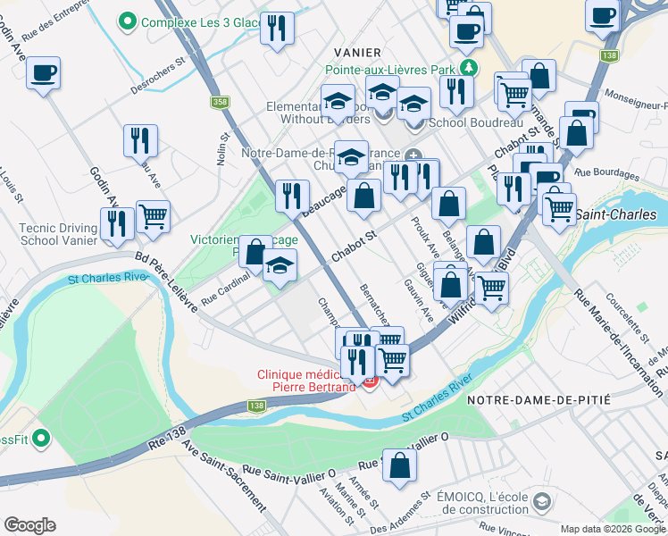 map of restaurants, bars, coffee shops, grocery stores, and more near Boulevard Pierre-Bertrand in Québec City